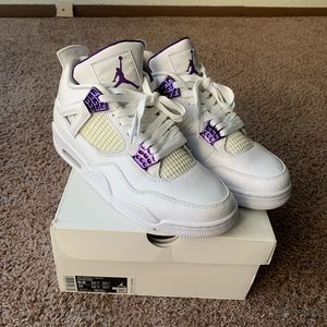 Air Jordan 4, all white/metallic purple, 9/10, size 9.5